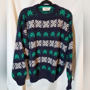 Vintage Blarney Woollen Mills Navy, Green & White Shamrock Fairisle Sweater
